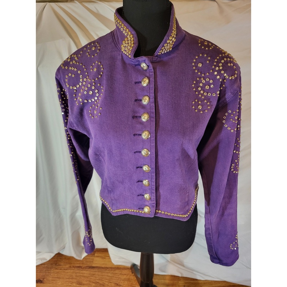Vtg 90's Purple Denim Silver Mesa Rhinestone Studded Western Rodeo S Cropped‎